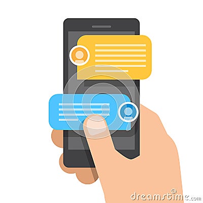 Right hand holds smartphone. Chat messages notification on smartphone. Vector Illustration