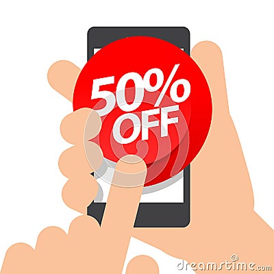 Right hand holds smartphone. fifty percent discount purchase on online Vector Illustration