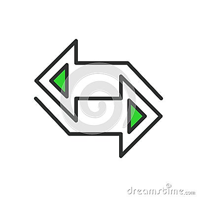 Right left arrows, in line design, green. Right, left, arrows, directional, navigation, pointer, movement on white Vector Illustration
