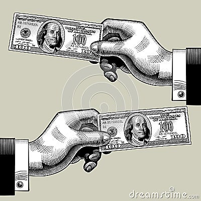 Right and left hands with the 100 dollars bank note Vector Illustration