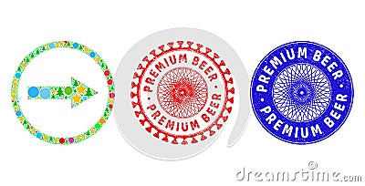 Premium Beer Scratched Seals and Right Rounded Arrow Collage of New Year Symbols Vector Illustration