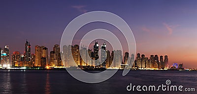 Right side of Dubai Marina including JBR seen from the Arabian Gulf Stock Photo