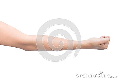 Right side hand a woman show the zero number, hammer, raise number, count number, right hand Pretending to punch, isolated over Stock Photo