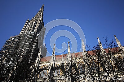 Lutheran minster Baden-Wurttemberg cathedral in Ulm old town, Germany, detail ancient architectural art outside of cathoric church Stock Photo