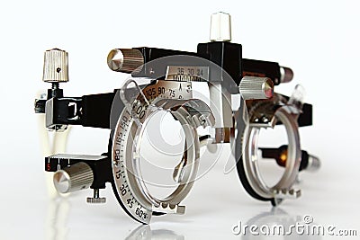 Right side view of trial frame used in ophtalmology and optometry to diagnose and correct refractive errors. Stock Photo