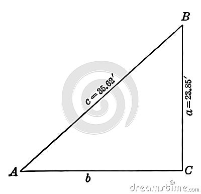 Right Triangle ABC With Leg 23.85 ft. and Hypotenuse 35.62 ft.. vintage illustration Vector Illustration