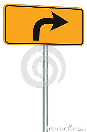 Right turn ahead route road sign perspective, yellow isolated roadside traffic signage this way only direction pointer black arrow Stock Photo