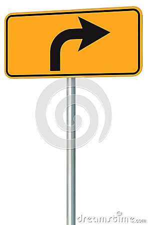 Right turn ahead route road sign perspective, yellow isolated roadside traffic signage this way only direction pointer black arrow Stock Photo