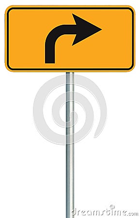 Right turn ahead route road sign, yellow isolated roadside traffic signage, this way only direction pointer, black arrow roadsign Stock Photo