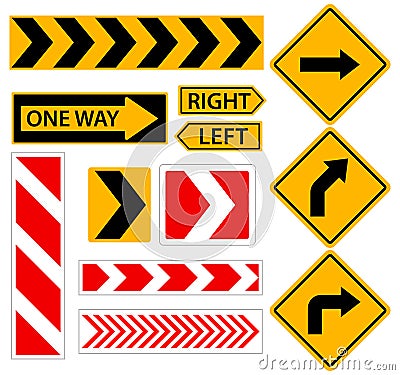 Right turn. Road sign with arrow. Set of vector illustrations. Vector Illustration