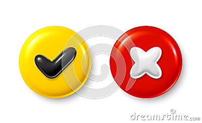 Right and wrong 3d buttons. Quiz answer time game. Glossy round icons with a checkmark, cross. Vector Vector Illustration