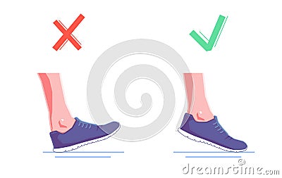 Right and wrong foot position when running. Natural running. Healthy steps of run concept. Vector flat isolated Vector Illustration