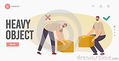 Right and Wrong Manual Handling and Lifting of Heavy Objects Landing Page Template. Back and Spine Health Vector Illustration