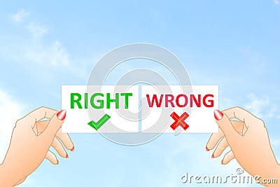 Right wrong Sign in hand Stock Photo