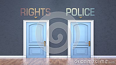Rights and police as a choice - pictured as words Rights, police on doors to show that Rights and police are opposite options Cartoon Illustration