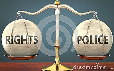 Rights and police staying in balance - pictured as a metal scale with weights and labels rights and police to symbolize balance Cartoon Illustration