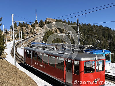 Rigi Mountain railways or Rigi Bergbahnen First cogwheel railway in Europe or die erste Bergbahn Europas Stock Photo