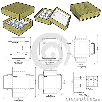 Rigid Box top and bottom hard board paper thicknes 1.5mm and Die-cut Pattern. Stock Photo