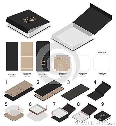 Rigid magnet box template 3d mockup with dieline Vector Illustration