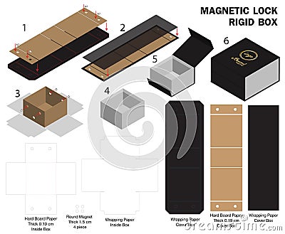 Rigid magnet box template 3d mockup with dieline Vector Illustration