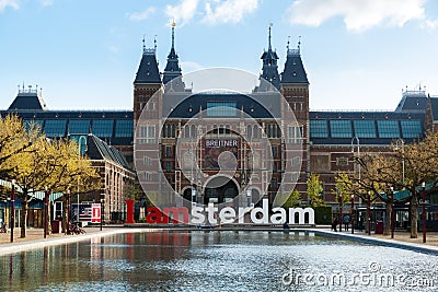 The Rijksmuseum Amsterdam museum area with the words IAMSTERDAM in Amsterdam, Netherlands. Editorial Stock Photo