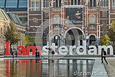 The Rijksmuseum Amsterdam museum area with the words IAMSTERDAM in Amsterdam, Netherlands Editorial Stock Photo