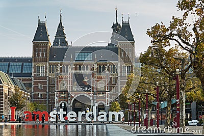 The Rijksmuseum Amsterdam museum area with the words IAMSTERDAM in Amsterdam, Netherlands Editorial Stock Photo