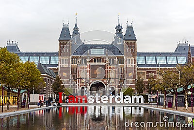 The Rijksmuseum Amsterdam museum area with the words IAMSTERDAM in Amsterdam Editorial Stock Photo