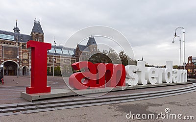 The Rijksmuseum Amsterdam museum area with the words IAMSTERDAM in Amsterdam Editorial Stock Photo