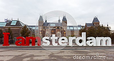 The Rijksmuseum Amsterdam museum area with the words IAMSTERDAM in Amsterdam Editorial Stock Photo