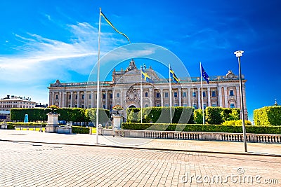 Riksplan park and Swedish parliament The Riksdag house front facade view Stock Photo