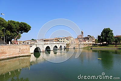 Rimini, Italy, July 2 2019: Bridge of Tiberius Ponte di Tiberio in Rimini Editorial Stock Photo