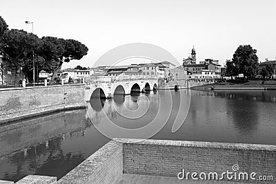 Rimini, Italy, July 2 2019: Bridge of Tiberius Ponte di Tiberio in Rimini Editorial Stock Photo