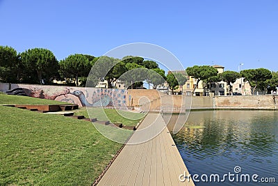 Rimini, Italy, July 2 2019: Plazza sullâ€™Acqua, Park at the Tiberius Bridge in Rimini Editorial Stock Photo