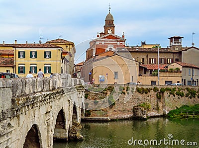 Rimini - Old city and Tiberius Bridge Editorial Stock Photo