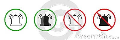 Ring Bell Red and Green Warning Signs. Loud Volume Area Line and Silhouette Icons Set. Allowed and Prohibited Silent Vector Illustration