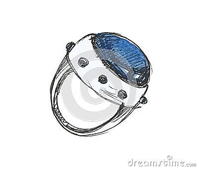 Ring with big blue stone. Sketch. Isolated on white background. Stock Photo