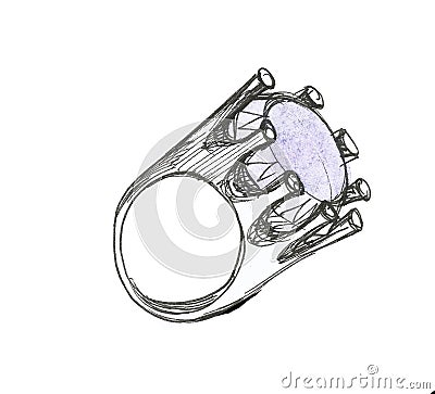 Ring with big purple stone. Sketch. Isolated on white background. Stock Photo