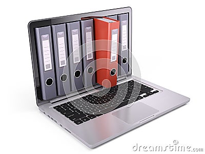 Ring binders, file folders inside the screen of laptop on white Stock Photo