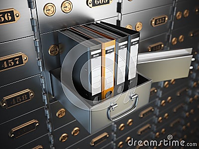 Ring binders on a safe deposit box. Confidential information con Cartoon Illustration