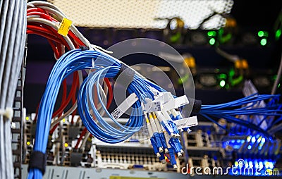 Ring of blue cables on background of blurred server switch with connected connectors, depth of field in blur Stock Photo