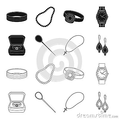 Ring in a case, hair clip, earrings with stones, a cross on a chain. Jewelery and accessories set collection icons in Vector Illustration