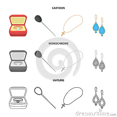 Ring in a case, hair clip, earrings with stones, a cross on a chain. Jewelery and accessories set collection icons in Vector Illustration