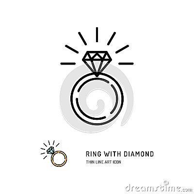 Ring With Diamond Icon, engagement and wedding ring. Line art design, Vector illustration Vector Illustration