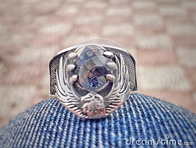 Silver ring of sliver Eagle captured an dark stone between his claws. Stock Photo