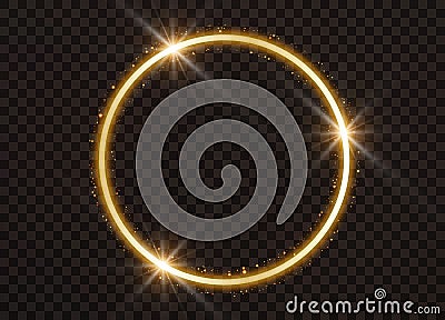 Ring with gold dust. Round shiny frame with light bursts. Magical glowing banner. Vector Illustration