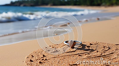 Ring with heart on the beach sand with sea wave in the background Stock Photo