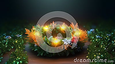 A ring of light blooming in a cluster of small plants, arch of flowers, AI Generative Stock Photo