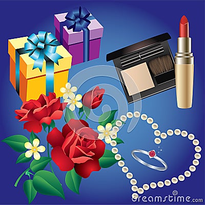 Ring, pearls, flowers, boxes and cosmetics. Vector Illustration