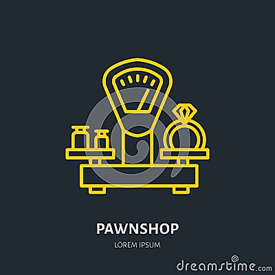 Ring on scales in pawnshop illustration. Jewelry flat line icon, pawn shop logo. Jewels buying sign Vector Illustration